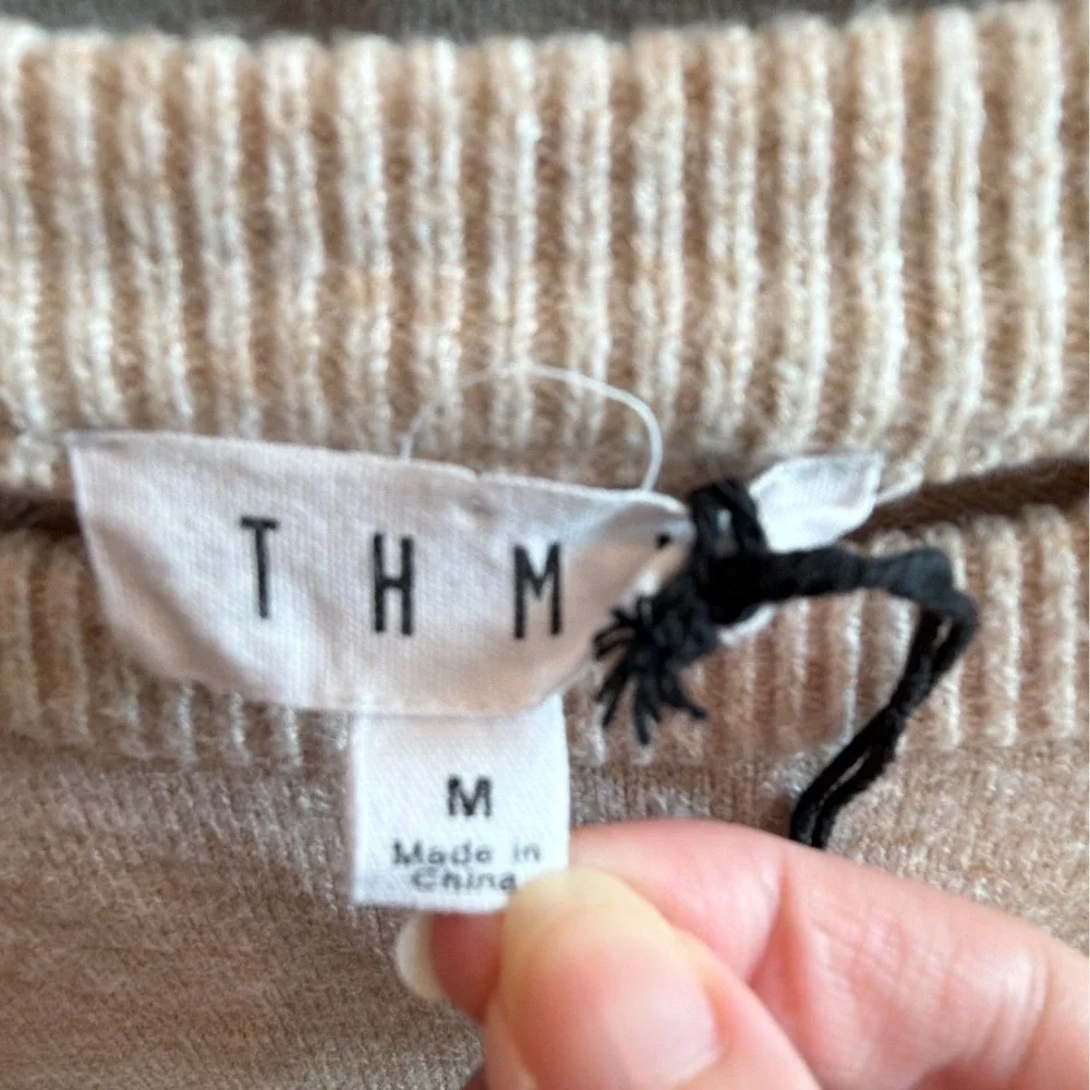 THML Heart Elbow Patch Sweater Womens Medium Beige Blue Striped Coquette Preppy